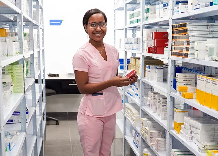 a young woman in a pharmacy